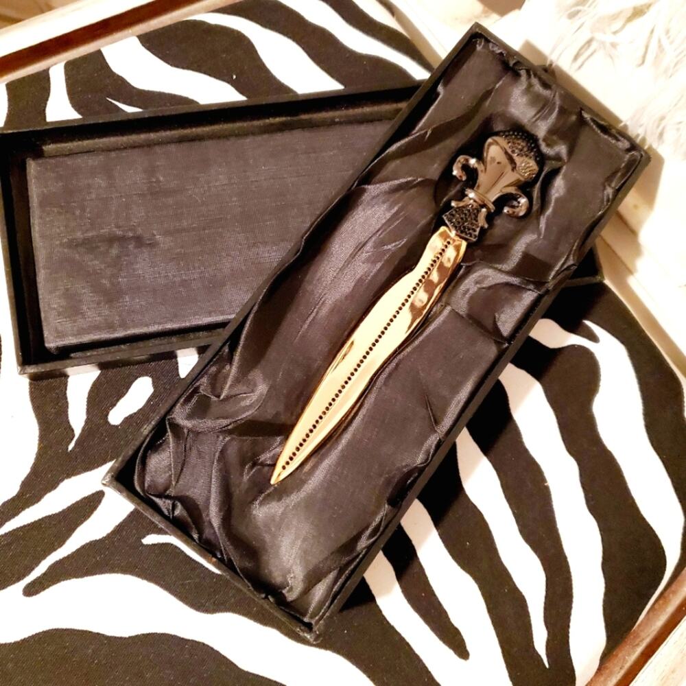 Decorative letter opener Gold shaft Black Rhinestones